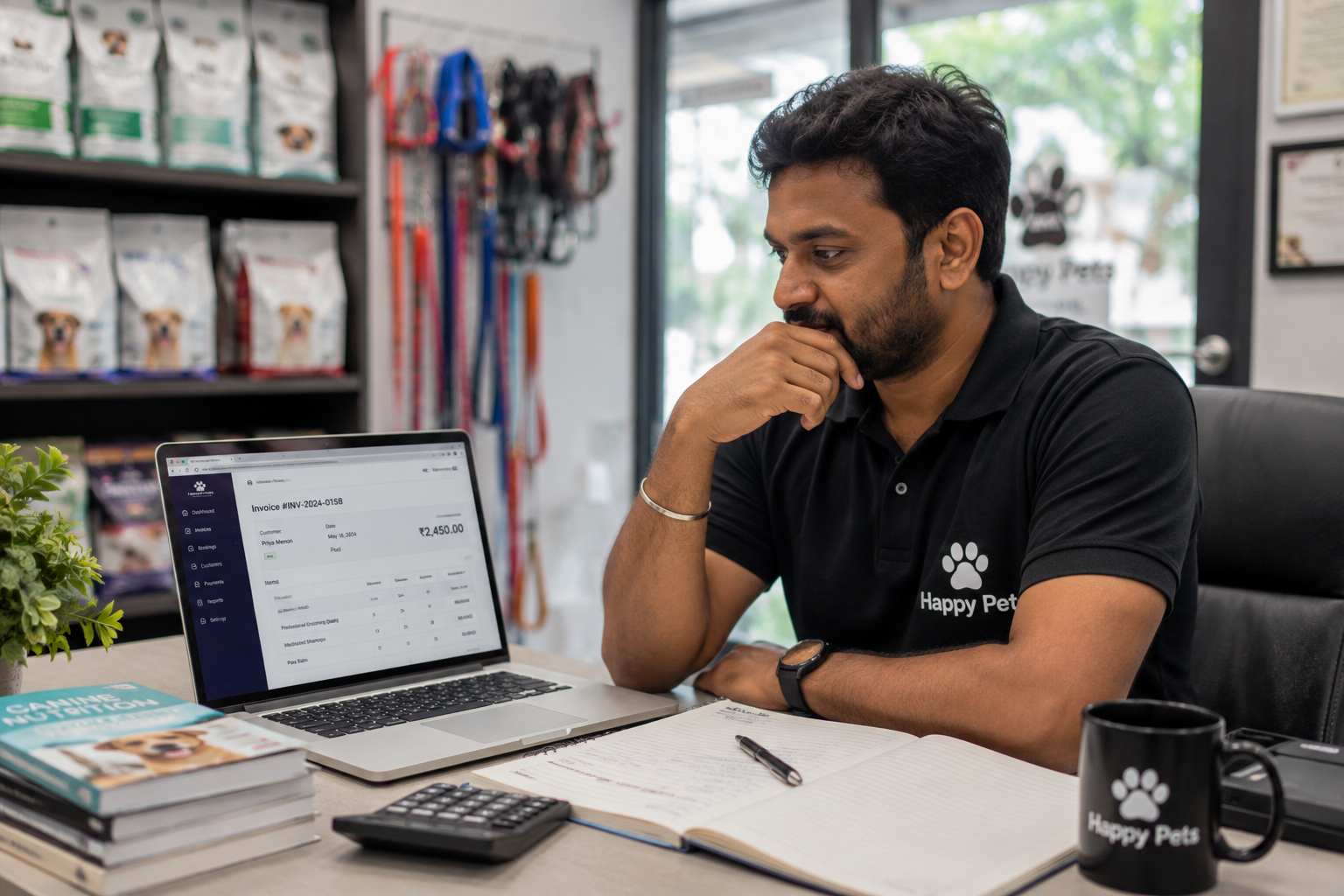 Pet business owner using happy pet tech for invoicing